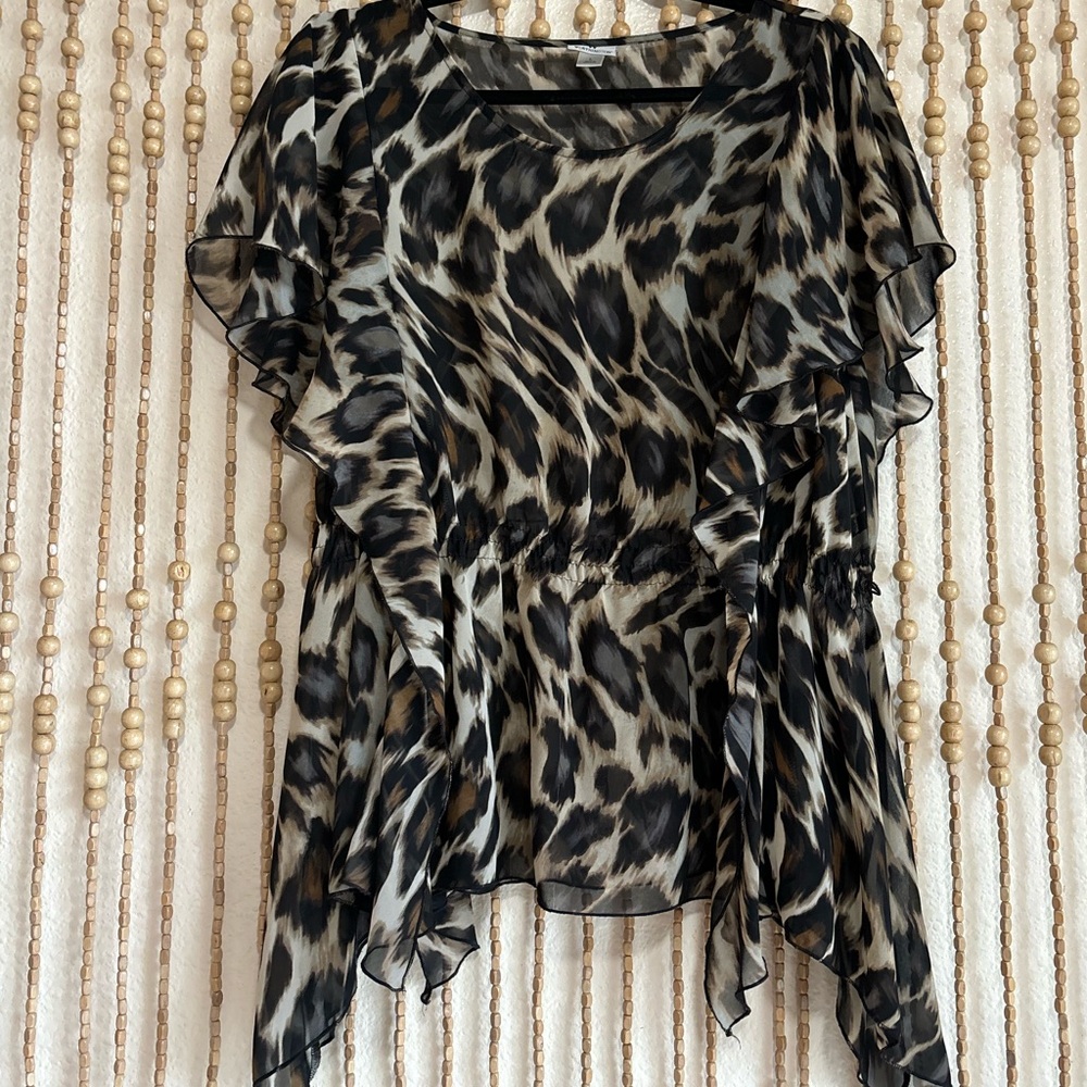Leopard Print Flutter Sleeve Asymmetrical Hem Y2K Boho Blouse Black Brown Blouse